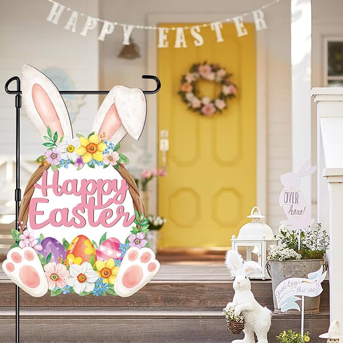 Easter Decorations Rabbit Garden Banner Double-Sided Printed Flag Bunny Yard Flags Bunting Outdoor House Yard Spring Seasonal Decoration Flower Egg