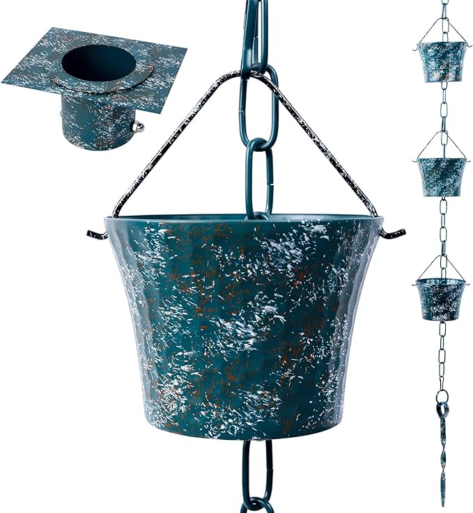 Rain Chain for Gutters with Adapter, Not RustWrought Iron Rain Chains Set 8.5 Ft, Gotta Drain with Anchoring Stake, 14 Cups, 1 Hook, Adjustable Gutter Downspout for Outdoor(Green)