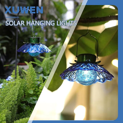XUWEN Solar Lights Outdoor Waterproof - Blue Solar Flower Light with Crackle Globe Glass Light, Hanging Lanterns Decorative Outdoor for Yard Walkway Lawn Fence,Christmas Housewarming Gifts for Women.