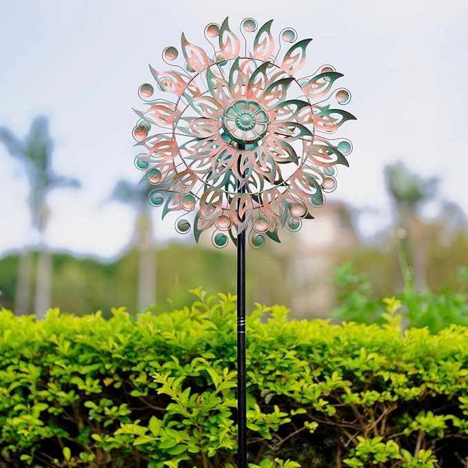 DREAMYSOUL Metal Wind Spinner, 16.5" Dia *64" Tall Large Wind Spinners Outdoor, 5 Pronged Kinetic Wind Sculptures & Spinners for Garden and Yard (Bronze)