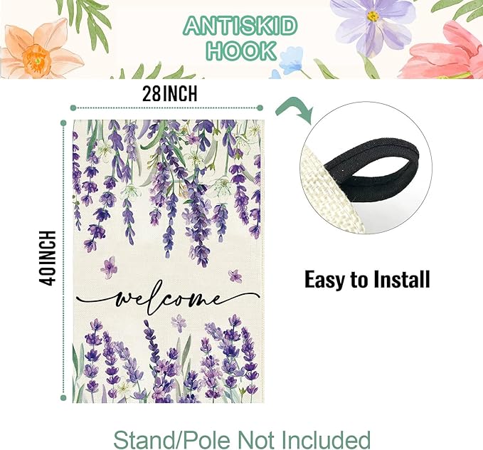 Baccessor Spring Summer Welcome Floral House Flag 28 x 40 Inch Vertical Double Sided Burlap Lavender Purple Flower Farmhouse Easter Yard Flag Holiday Seasonal Yard Outdoor Outside Decoration