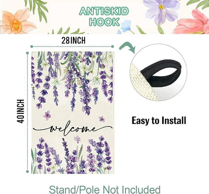 Baccessor Spring Summer Welcome Floral House Flag 28 x 40 Inch Vertical Double Sided Burlap Lavender Purple Flower Farmhouse Easter Yard Flag Holiday Seasonal Yard Outdoor Outside Decoration