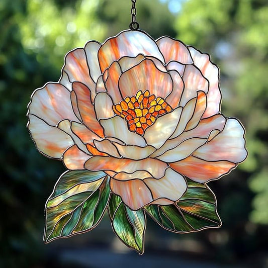 Pastel Pink Peony Acrylic Suncatcher Stained Glass Effect Window Car Hanging Christmas Ornament Indoor Outdoor Decor Garden Sun Catcher Panel for Peony Lover for Women Mom Grandma