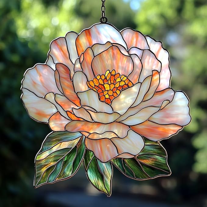 Pastel Pink Peony Acrylic Suncatcher Stained Glass Effect Window Car Hanging Christmas Ornament Indoor Outdoor Decor Garden Sun Catcher Panel for Peony Lover for Women Mom Grandma