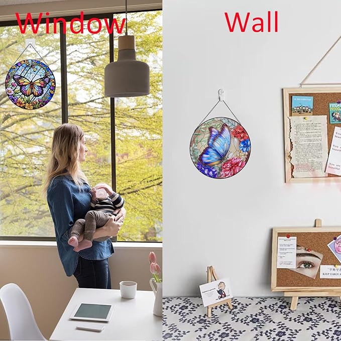 Butterfly Stained Glass Window Hanging,20cm/7.87inch Hand-Painted Sun Catcher Garden Hangings for Doors Home Christmas Mother's Day, Valentine's Day Ornaments Festival Gift (A Style)