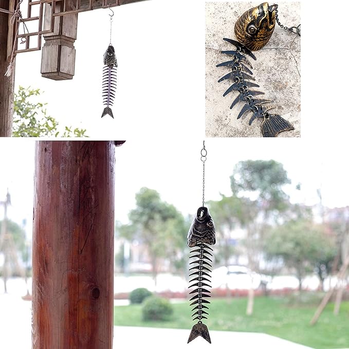 Fish Wind Chime, Fishbone Wind Chime, Fish Bone Cast Iron Wind Chimes Vintage Metal Wind Chimes Outdoor Soothing Melody for Garden Home Yard Porch Hanging Decor (Bronze)