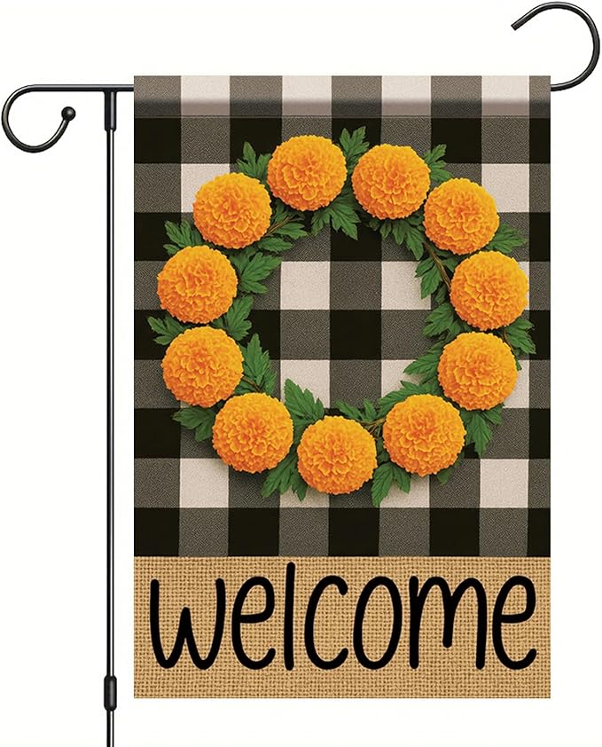 Buffalo Plaid Welcome Wreath Garden Flag Marigold Flower Flag 12x 18 Inch Double Sided Fall Outdoor Yard Decor for Porch Patio Lawn Farmhouse Decoration Fall Autumn Small Decor