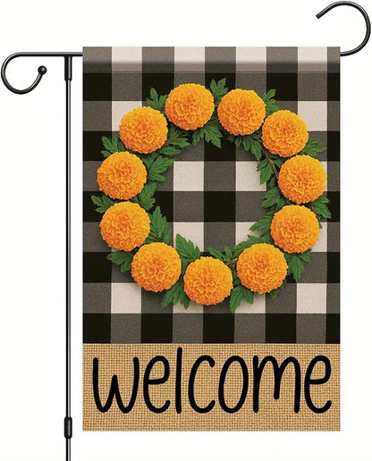 Buffalo Plaid Welcome Wreath Garden Flag Marigold Flower Flag 12x 18 Inch Double Sided Fall Outdoor Yard Decor for Porch Patio Lawn Farmhouse Decoration Fall Autumn Small Decor
