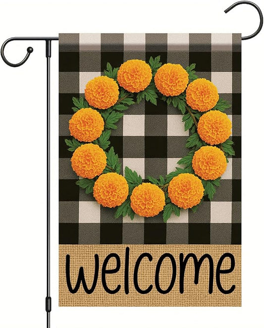 Buffalo Plaid Welcome Wreath Garden Flag Marigold Flower Flag 12x 18 Inch Double Sided Fall Outdoor Yard Decor for Porch Patio Lawn Farmhouse Decoration Fall Autumn Small Decor