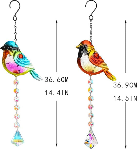 Set 2 Stained Glass Little Birds Suncatchers Rainbow Maker Crystal Prisms Hanging Suncatcher for Window Colorful Metal Birds Wall Art Fence Decorations Ornament for Christmas Tree