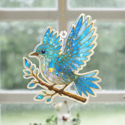 Blue Bird Stained Glass Ornament Acrylic Window Hanging Suncatcher – Bird Lover Gifts, Wildlife Animal Decor for Christmas Tree, Rearview Mirror, Garden, Home Accessories, Unique Gifts for WomenSun-17