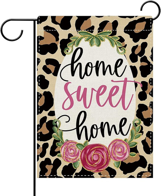 Dyrenson Home Sweet Home Leopard Print Decorative Garden Flag, Cheetah Rose Flower Yard Outside Home Decoration, Floral Burlap Outdoor Small Decor Double Sided 12 x 18