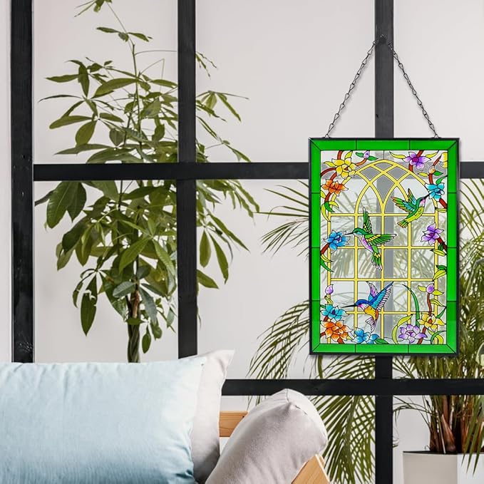 Viveta Hummingbird Stained Glass Window Hanging, Suncatchers Stained Glass Panels Hand-Painted Art Decor with Chain, Gift for Mom Grandma Christmas Decor 10 * 15"