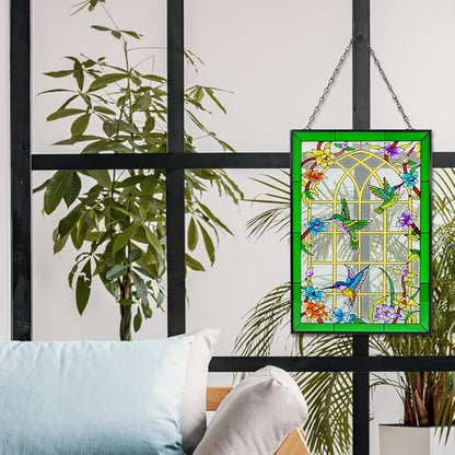 Viveta Hummingbird Stained Glass Window Hanging, Suncatchers Stained Glass Panels Hand-Painted Art Decor with Chain, Gift for Mom Grandma Christmas Decor 10 * 15"
