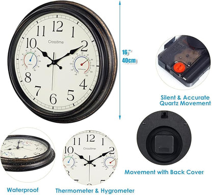 Crosstime 16 Inch Outdoor Clock Waterproof with Thermometer and Hygrometer Combo, Retro Indoor Outdoor Wall Clocks for Patio, Pool, Garden, Backyard Decor- Bronze