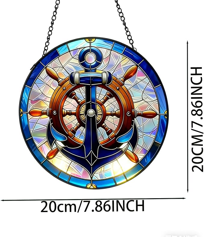Nautical Stained Glass Anchor & Helm Suncatcher, Window/Door Decor for Coastal - Style Homes, Ideal Gift for Sea Lovers, Grandma, Girlfriend