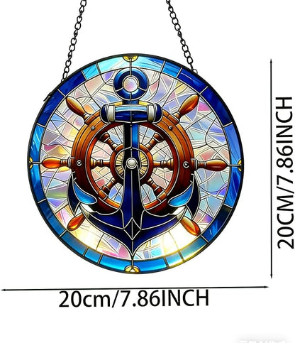 Nautical Stained Glass Anchor & Helm Suncatcher, Window/Door Decor for Coastal - Style Homes, Ideal Gift for Sea Lovers, Grandma, Girlfriend