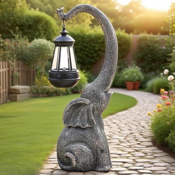 Solar Elephant Statue, Elephant Garden Statue with Solar Lights, Outdoor Elephant Decor for Porch Patio Lawn Balcony, Resin Elephants Figurine Decorations, Birthday Gifts for Mom Grandma Animal Lovers