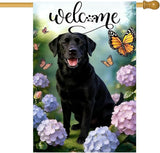 Large Spring Summer Black Lab Labrador Dog Hydrangea Garden Flags 28 x 40 Double Sided, Burlap Spring House Flag for Outside, Large Summer Welcome Outdoor Yard Flags Decorations for Yard Garden Décor