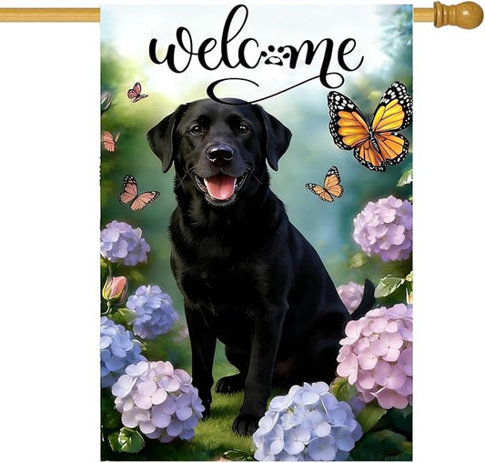 Large Spring Summer Black Lab Labrador Dog Hydrangea Garden Flags 28 x 40 Double Sided, Burlap Spring House Flag for Outside, Large Summer Welcome Outdoor Yard Flags Decorations for Yard Garden Décor