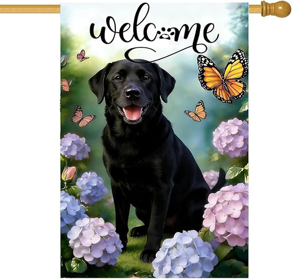 Large Spring Summer Black Lab Labrador Dog Hydrangea Garden Flags 28 x 40 Double Sided, Burlap Spring House Flag for Outside, Large Summer Welcome Outdoor Yard Flags Decorations for Yard Garden Décor