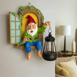 Gnome Statues Solar Lantern Whimsical Elf Out The Door Tree Hugger Figurines Tree Faces Decor Outdoor Fairy Garden Wall Art Decorations for Yard Patio Fence Ideal Gifts