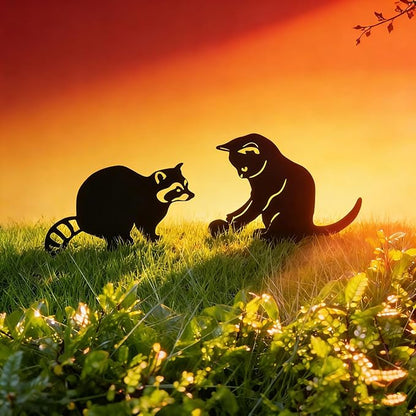 Decorative Garden Stakes for Outside,Metal Animal Silhouette Yard Art Set of 2,Cat & Raccoon Garden Decor for Garden, Lawn, Patio, Cute Outdoor Lawn Ornaments Animal Silhouette Statues