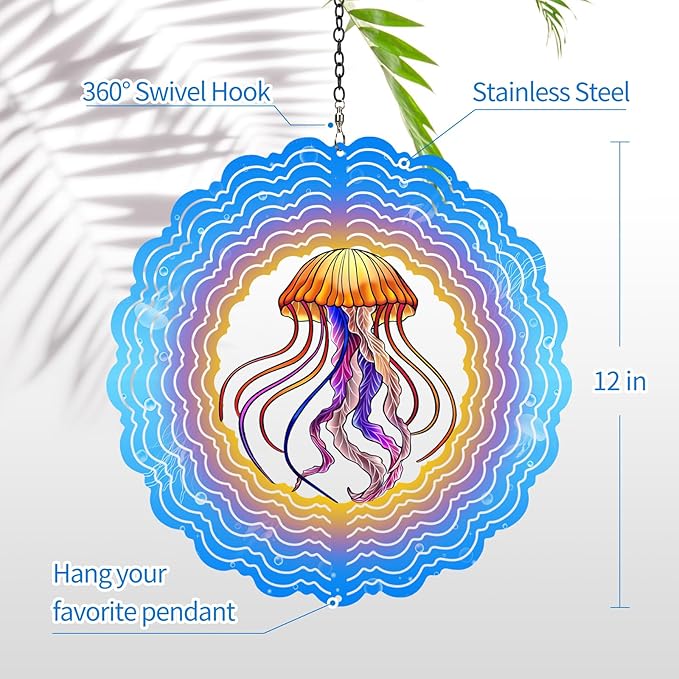 AITENISEN Jellyfish Wind Spinners, 12 inch 3D Stainless Steel Hanging Wind Spinner, Kinetic Sculpture, Blue, Marine Life, Garden Decor