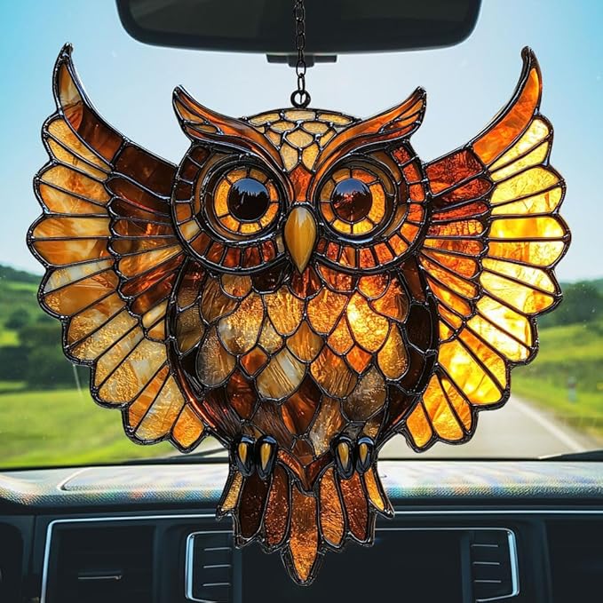 Owl Tiffany Style Acrylic Suncatcher Stained Glass Effect Window Car Hanging Christmas Ornament Indoor Outdoor Decor Garden Sun Catcher Panel for Owl Lover for Women Mom Grandma