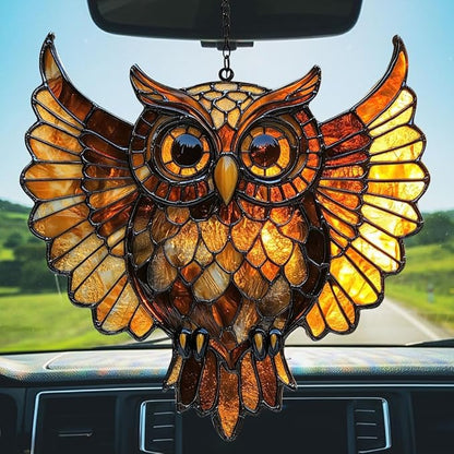 Owl Tiffany Style Acrylic Suncatcher Stained Glass Effect Window Car Hanging Christmas Ornament Indoor Outdoor Decor Garden Sun Catcher Panel for Owl Lover for Women Mom Grandma
