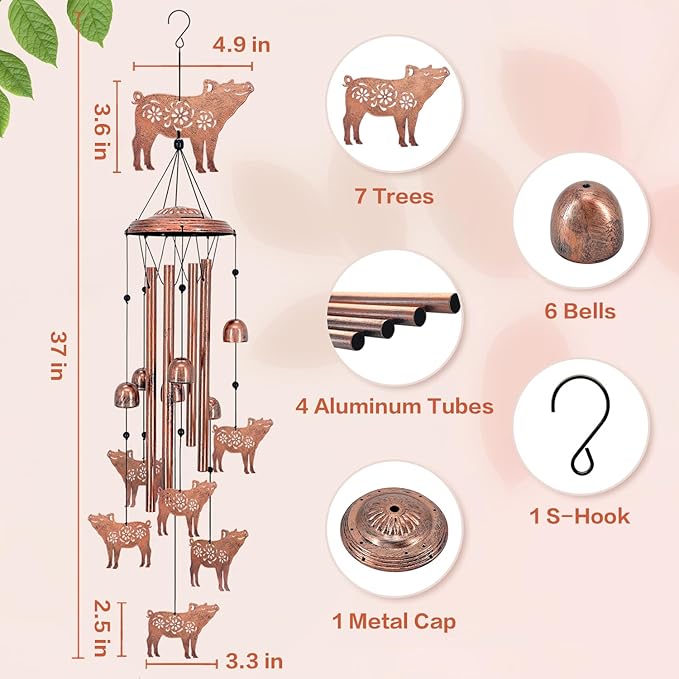 Pig Wind Chimes for Outside,Pig Gifts for Women/Men/Sympathy/Memorial/Festival Birthday Gifts Metal windchimes Outdoors/Indoors,Patio Decor,Garden Decor,Yard,Home,Porch