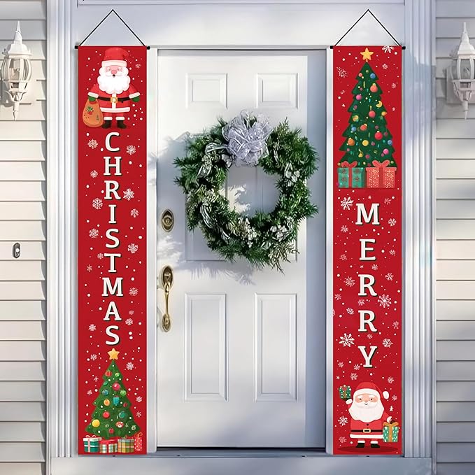 BlissYard Christmas Porch Banner 12x71 Cartoon Santa Tree Decorations Christma Door Banner Hanging Sign Merry Christmas Banner Front Xmas Door Cover Entryway Outdoor Decor Winter Welcome Home Yard Patio