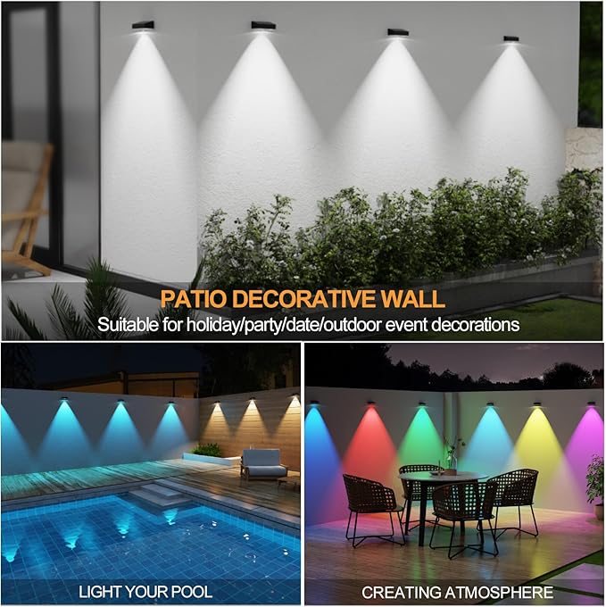 ZCXLIGHT Solar Fence Lights,Fence Lights Solar Powered Waterproof IP65 Multicolor Led 12 Fixed Colors ＆RGB Color Changing for Pool, Deck, Patio, Porch, Stairs, Holiday-4pack