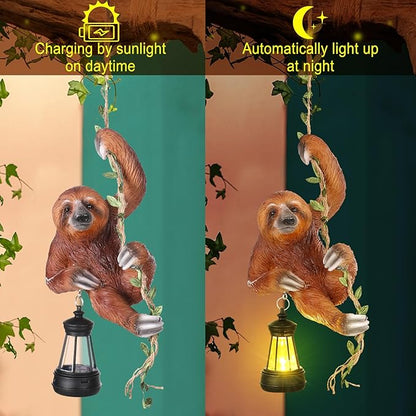 Mudder Solar Light Sloth Garden Statues 7.5'' Resin Hanging Figurine Climbing on 24" L Vine with LED Lantern Decorative Sculpture Waterproof Statues with Hook for Yard Outdoor Patio Yard Wall Decor