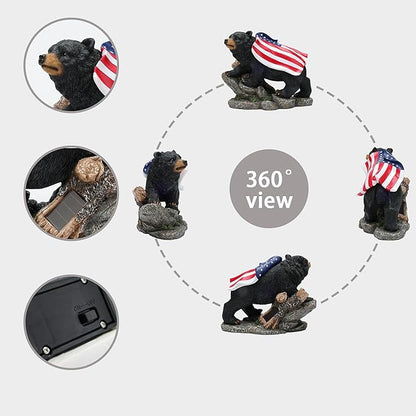 Suyorpe Bear Solar Lights Outdoor Statue - Garden Black Bear with Light up American Flag Solar Animals Outdoor Waterproof Decor for Patio,Porch,Balcony,Yard,Lawn