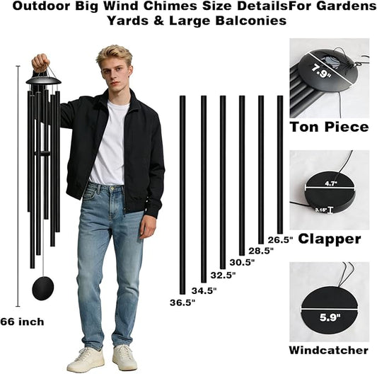 66" Extra Large Wind Chimes for Outside, Deep Soulful 6 Tube Aluminum Windchimes with Healing, Breezy Melodies, Rustproof Black Finish Heartfelt Gift for Mom's Patio Garden