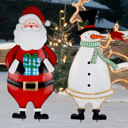 Hausse 2 Pack Christmas Garden Metal Stakes, 31.5 Inch Decorative Snowman and Santa Claus, Xmas Yard Signs for Outdoor Decorations, Holiday New Year Home Decor for Lawn Pathway Patio