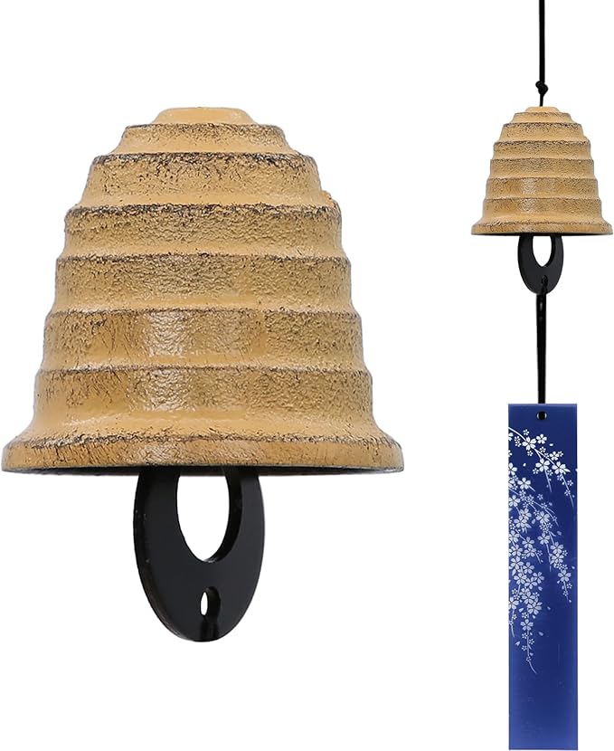 Japanese Wind Chime Cast-Iron Outdoor Ornament for Garden, Patio & Balcony, Hanging Metal Wind-Bell Decoration Gift, Blessing Pendant Windchimes & PVC Wind-Catcher, Waterline - Yellow