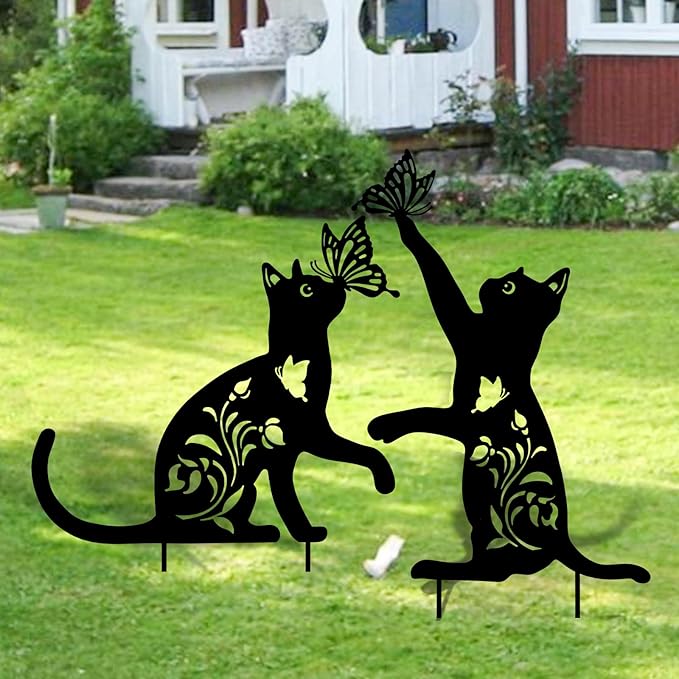 WONDER GARDEN Metal Cat Decor for Outside - 2 Pack Garden Stakes Decorative, Black Cat Silhouette Statues Lawn Ornaments Yard Art Patio Decor Women Men Mom Gifts