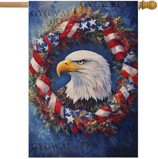 Patriotic Bald Eagle House Flag 28x40 Inch Double Sided Burlap American Flag Wreath Outdoor Yard Decor for 4th of July, Veterans Day, Memorial Day