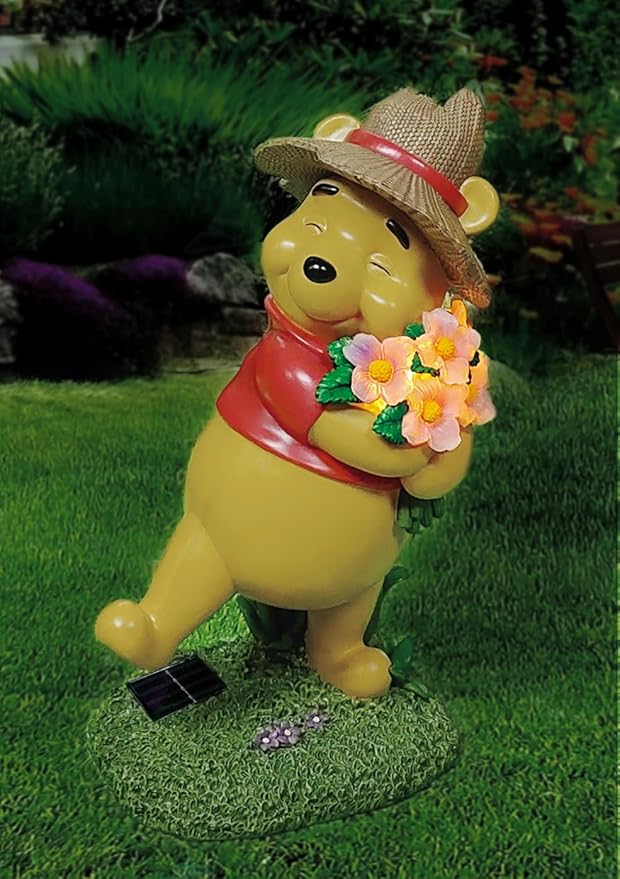MOMENTS IN TIME Disney Winnie The Pooh Garden Statue Solar Lighted Outdoor 18.9” Figurine Hand-Painted Polyresin Pooh Bear with Flowers Whimsical Yard Lawn Patio Décor