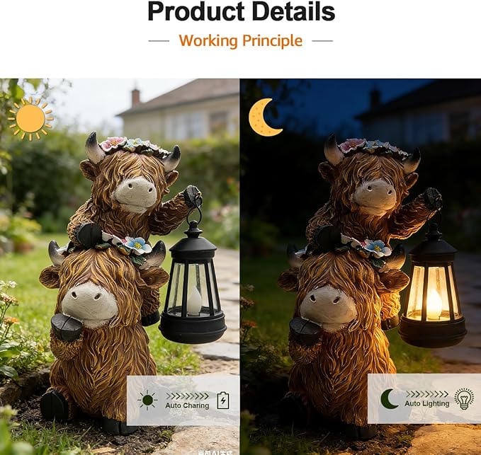 Solar Garden Outdoor Statues Lantern Figurines Light Decorations for Outdoor Patio Balcony Yard Lawn, Ideal Gifts for Mom Friends (Brown - Cow)