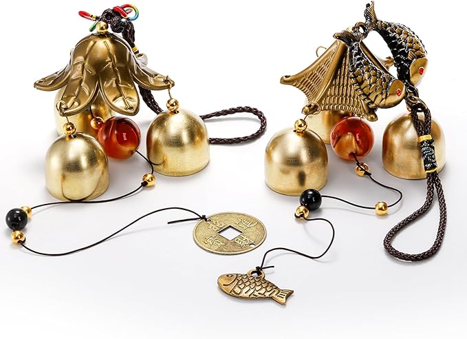 Eorbow 4 Pack Lucky Wind Chimes, Chinese Wind Bell, 3-Bell Vintage Blessing Hanging Wind Chime with Fish Coin for Safe, Good Luck, Wealth Home Garden Patio Hanging Decoration Gift