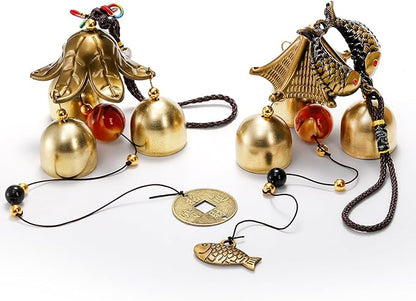 Eorbow 4 Pack Lucky Wind Chimes, Chinese Wind Bell, 3-Bell Vintage Blessing Hanging Wind Chime with Fish Coin for Safe, Good Luck, Wealth Home Garden Patio Hanging Decoration Gift