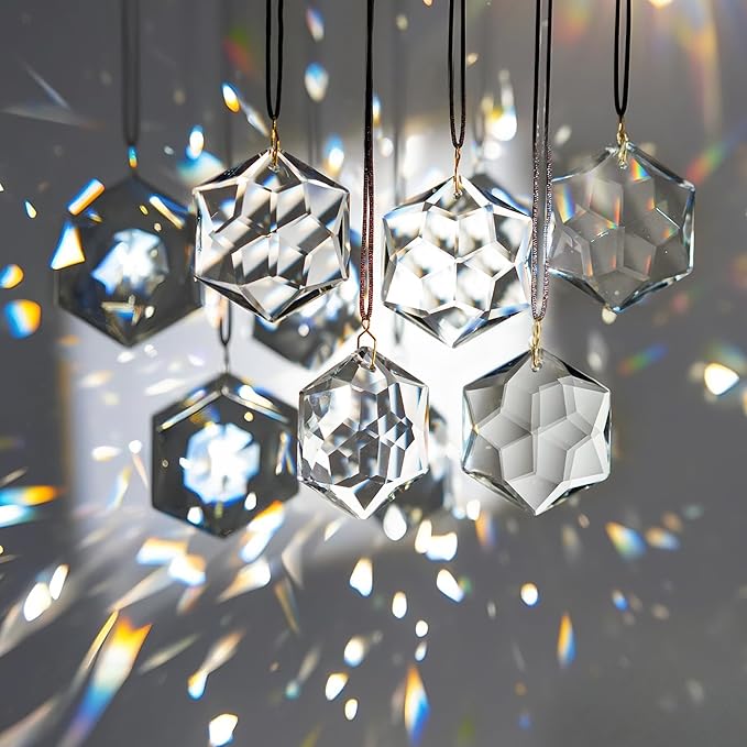 H&D HYALINE & DORA 12 Pack Crystal Sun Catcher Prisms Clear Suncatcher Crystals Indoor Window Hanging Christmas Ornaments Rainbow Maker Prisms for Home Garden Decor(Hexagon)