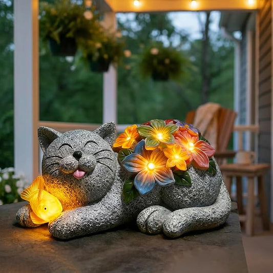 Solar Garden Outdoor Statues Cat with Succulent and 7 LED Lights -Waterproof Animal Lawn Decor Statue for Patio, Balcony, Yard Ornament for Mom Grandma Women