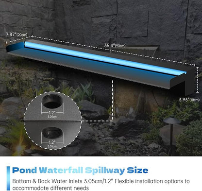 Pamopamo Pool Waterfall Spillway Stainless Steel Pond Fountain, APP Control Colorful LED Lighted Outdoor Black Fountains, Water Flow Spillways Kit for Koi Pond, Swimming Pool, Garden-35.4"x7.8"x3.9"