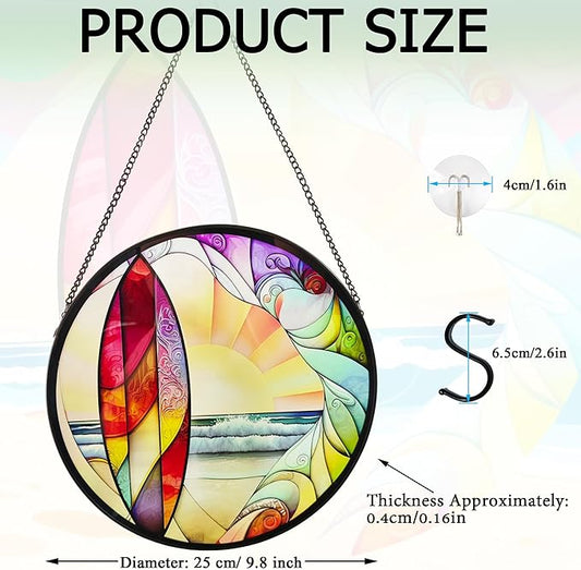 Coastal Sunrise Stained Glass Window Hanging - 9.8In Surf & Ocean Suncatcher, Beachy Home Decor for Windows, Porches & Living Rooms, Suncatcher Decor Gift for Women, Men