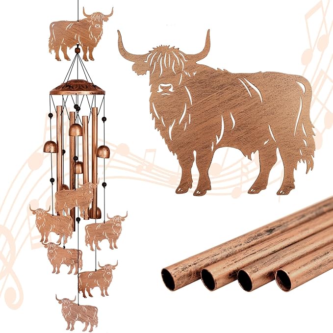 GDNSFIT Highland Cow Wind Chimes for Outside, Metal Windchimes Outdoors, Highland Cow Gifts for Women/Men, Memorial/Birthday Gifts, Garden Decor for Outside, Patio or Yard, Durable Chimes for Outdoors
