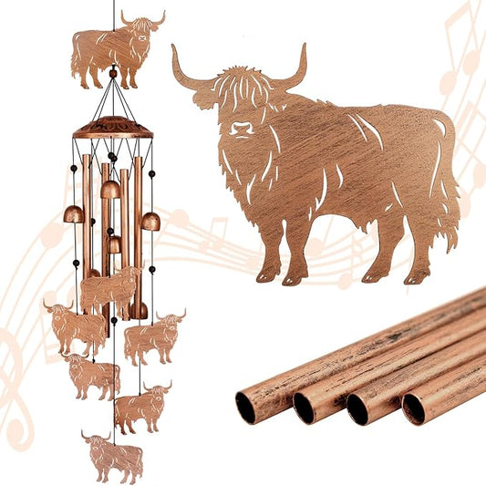 GDNSFIT Highland Cow Wind Chimes for Outside, Metal Windchimes Outdoors, Highland Cow Gifts for Women/Men, Memorial/Birthday Gifts, Garden Decor for Outside, Patio or Yard, Durable Chimes for Outdoors